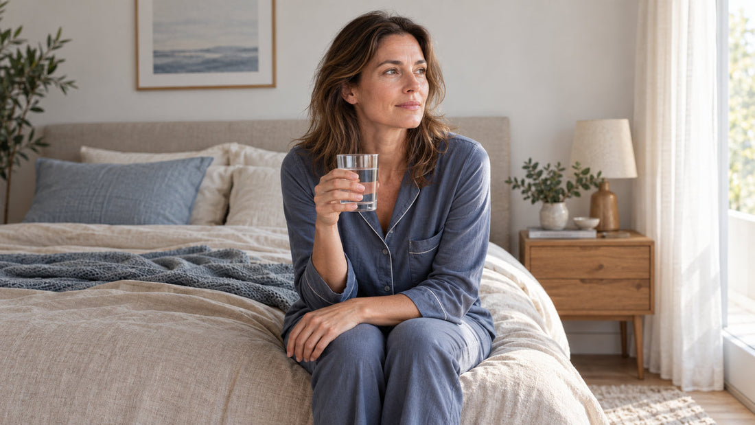 Vrouw in blauwe pyjama zit op de rand van haar bed met een glas water in haar hand.