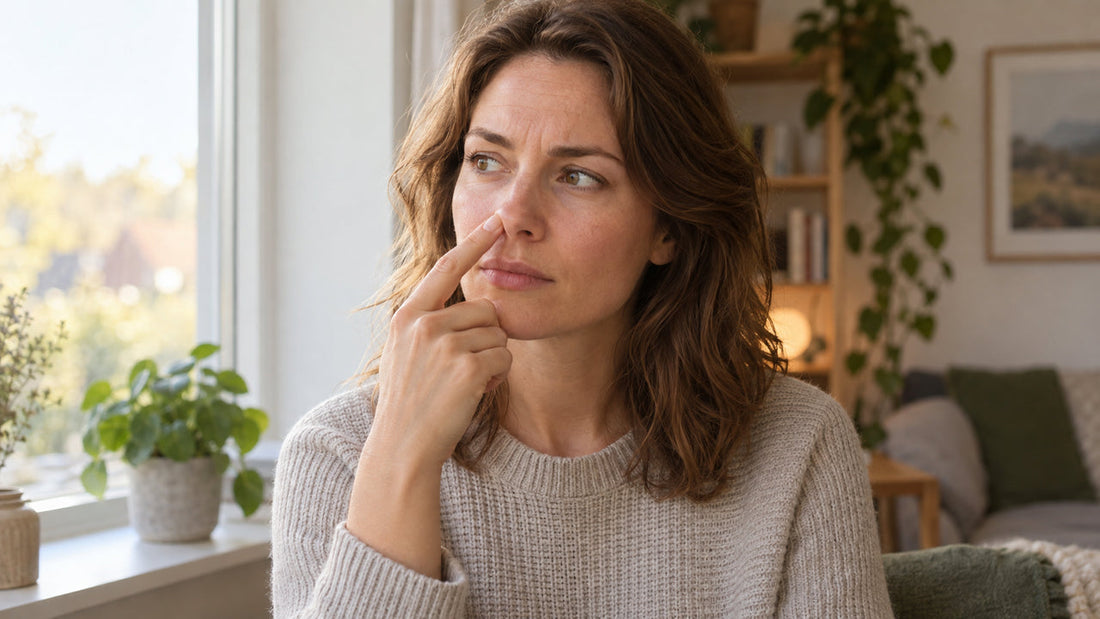 Vrouw bij een raam die met haar wijsvinger de zijkant van haar neus aanraakt.