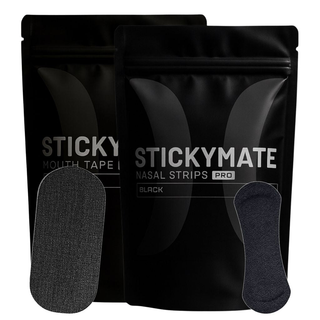 Combideal van The Sticky Mate met 30 neusstrips en 30 mondtapes in matzwart.