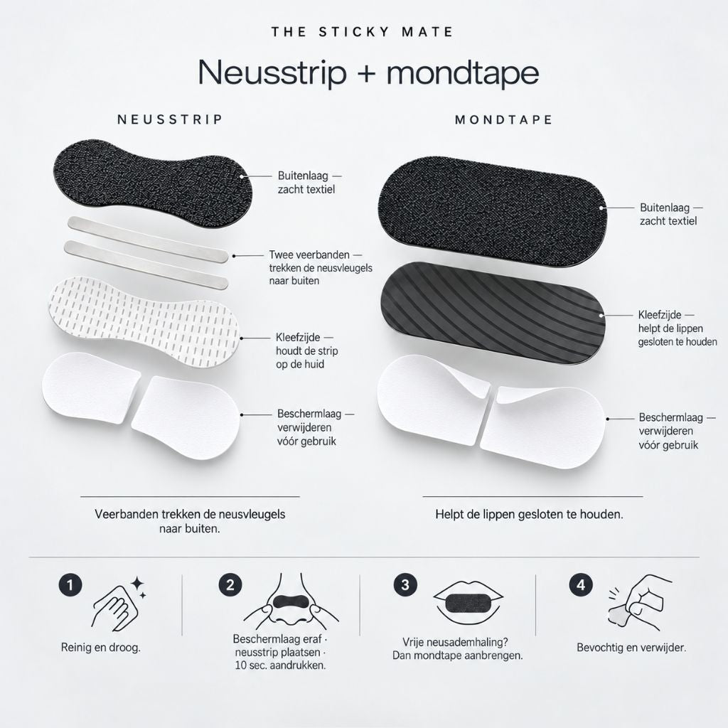 The Sticky Mate mondtape en neusstrips bundel – schematische productopbouw en instructies voor aanbrengen en verwijderen.