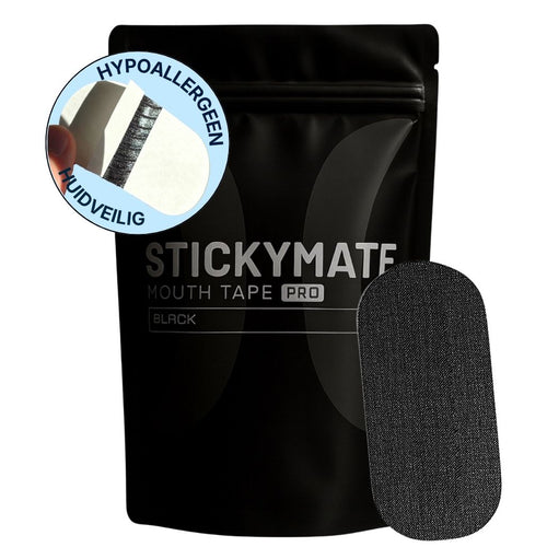 Mondtape voor slapen van The Sticky Mate, verpakking met 30 matzwarte strips.