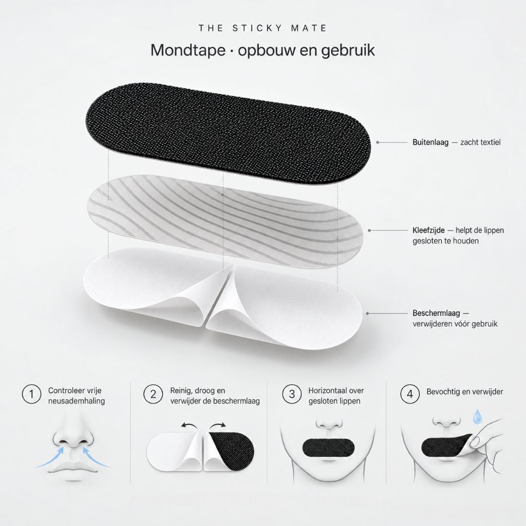 The Sticky Mate zwarte mondtape voor slapen – opbouw met textiellaag, kleeflaag en tweedelige beschermlaag, inclusief gebruiksinstructies.
