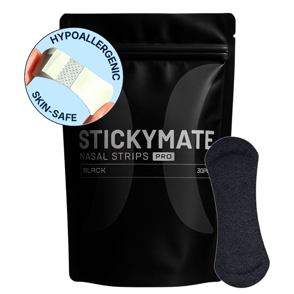 Neusstrips tegen snurken van The Sticky Mate, verpakking met 30 matzwarte neuspleisters.