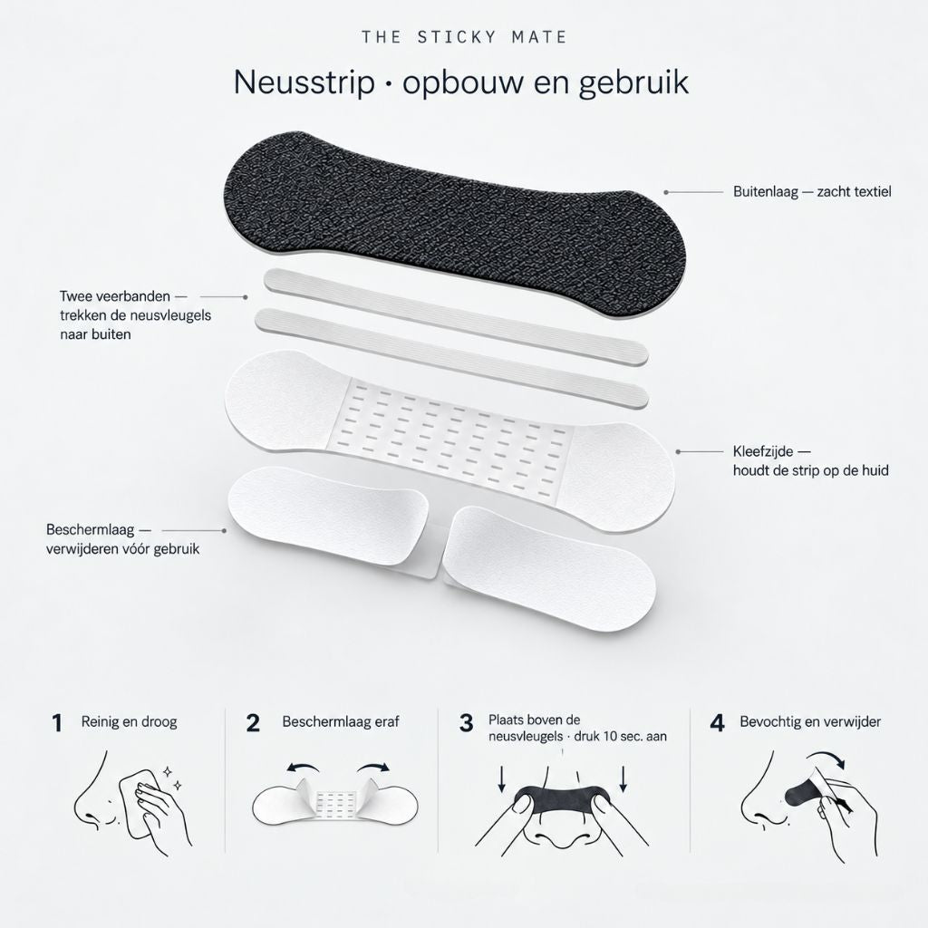 The Sticky Mate zwarte neusstrips – opbouw met twee veerbanden, kleeflaag en beschermlaag, inclusief gebruiksinstructies.