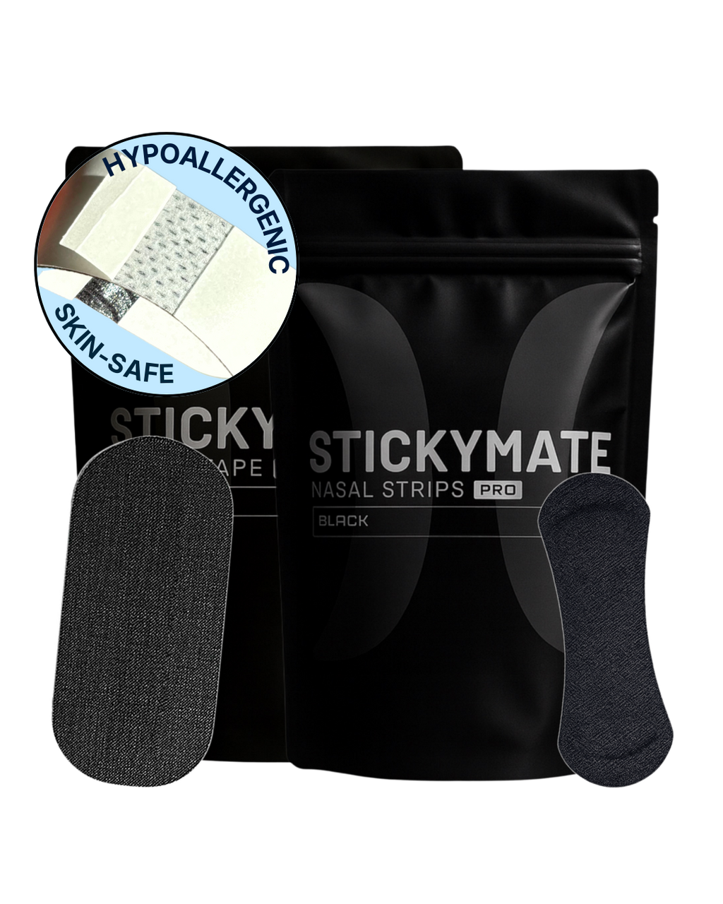 The Sticky Mate Bundle: skin-safe black nasal strips and mouth tape shown with pro-grade packaging and adhesive detail.