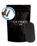 The Sticky Mate black mouth tapes 30-pack with hypoallergenic adhesive and skin-safe matte material for 12-hour hold.