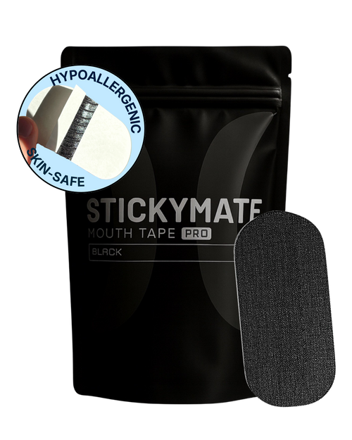 The Sticky Mate black mouth tapes 30-pack with hypoallergenic adhesive and skin-safe matte material for 12-hour hold.