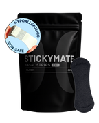 The Sticky Mate black nasal strips 30-pack with hypoallergenic adhesive and skin-safe matte material for 12-hour hold.